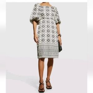 Sachini Babi Square Neck Sheath Dress Sz XL Ivory Satin Grey Tribal Puff Sleeves